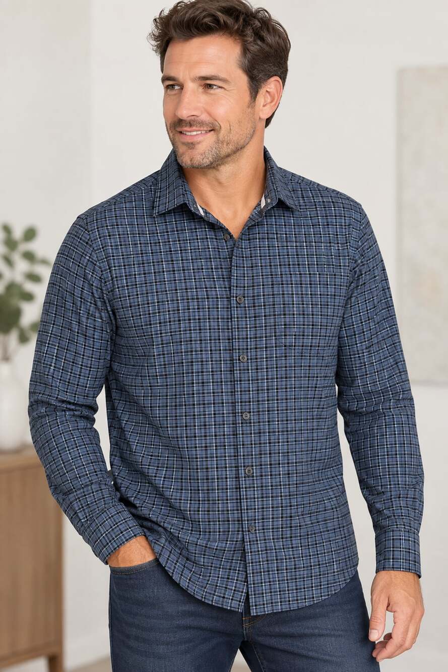 Ben Sherman Plaid Long Sleeve Button Down Shirt Blue Slim Fit